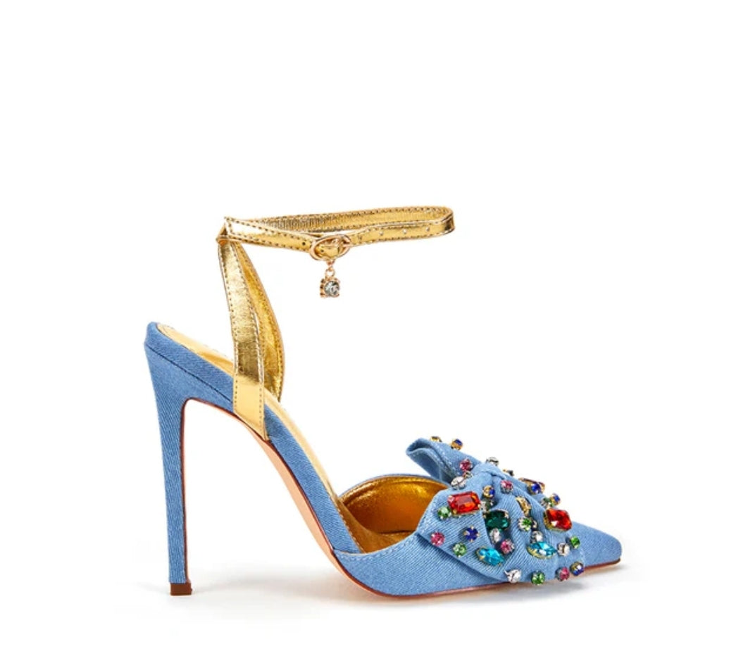 Denim Studded Bow Pump