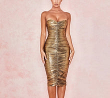 Load image into Gallery viewer, Metallic Strapless Scrunch Dress
