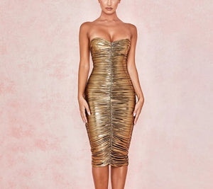 Metallic Strapless Scrunch Dress
