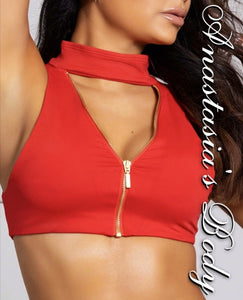 Red Zip Choker Halter Top